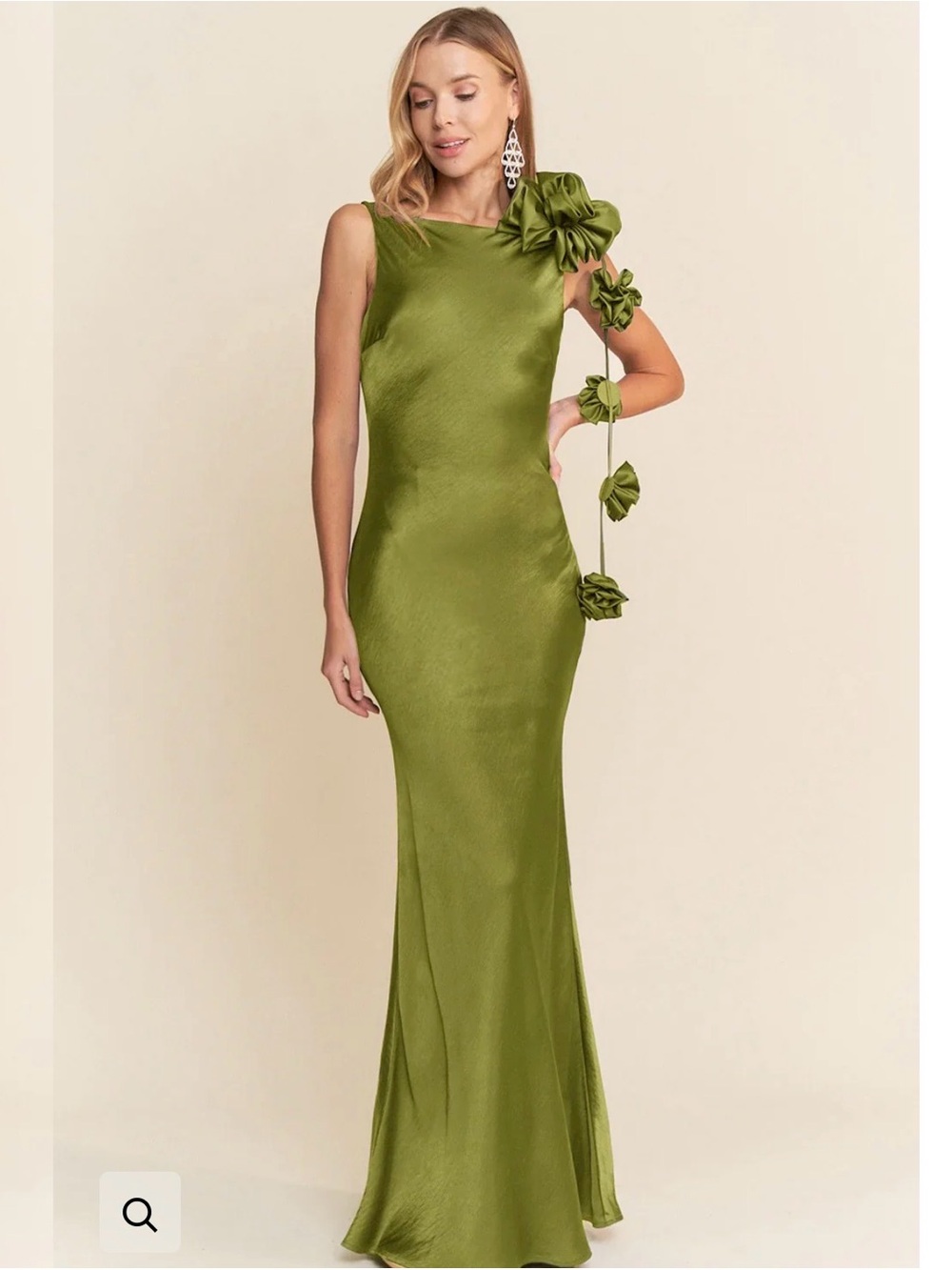 Red Dress Boutique Olive One-Shoulder Evening Gown with Floral Cascade